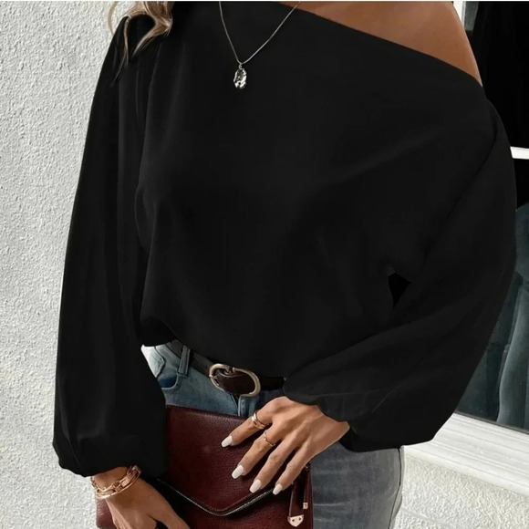 Black Preppy Womens Solid Asymmetrical Neck Lantern Sleeve Blouse - Picture 5 of 5